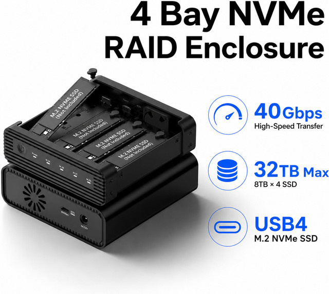VBNM 4-Bay M.2 NVMe SSD RAID-Gehäuse mit 40Gbps USB4 und USB-C Anschluss, Schwarz, unterstützt bis zu 32TB - Bild 1