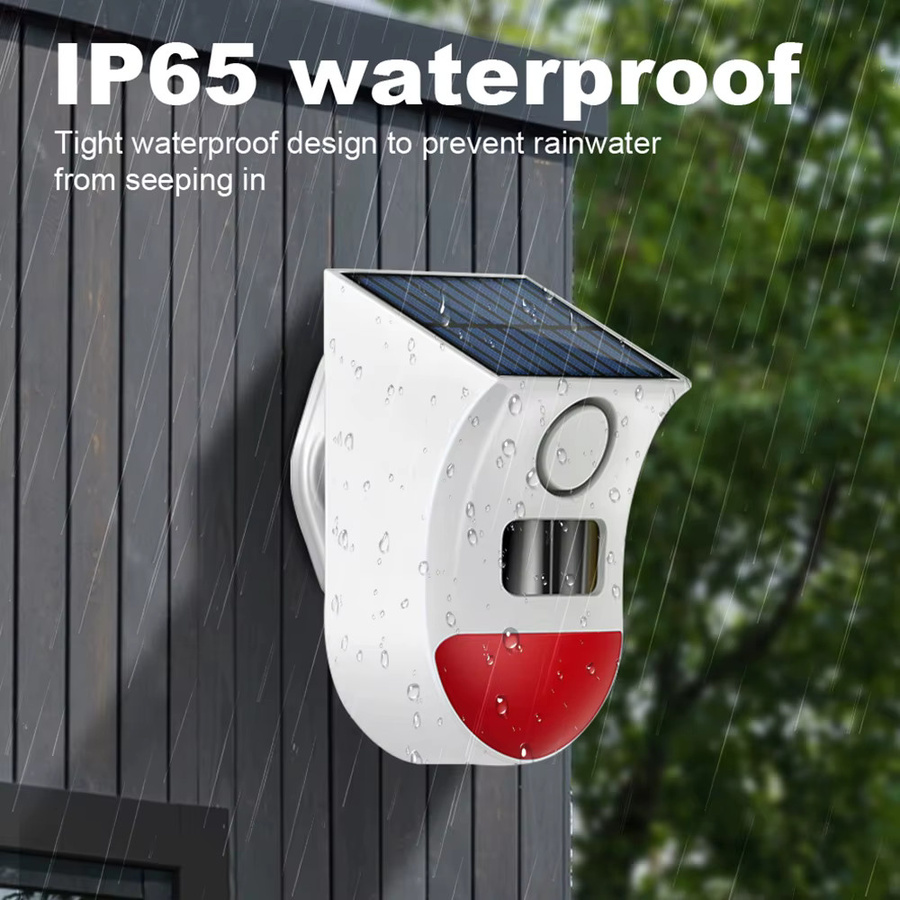 ONENUO Solarbetriebene Infrarot-Alarmsirene mit Stroboskop und Fernbedienung, wasserdichte kabellose Einbruchsicherheits-Sirene in Weiß - Bild 2