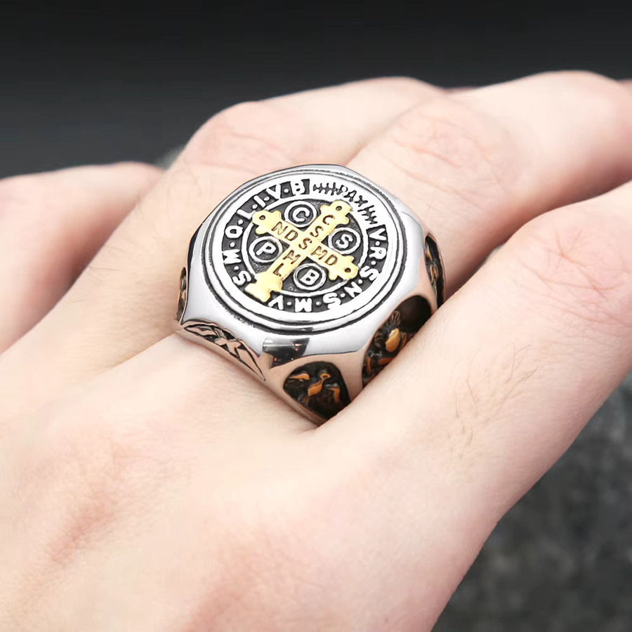 NORTHMAN Ring Saint Benedict Kreuz, Edelstahl, Silber, Herren, Vintage - Bild 2