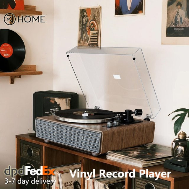 XJ-HOME XJ-H02 Vinyl-Plattenspieler in Braun mit Bluetooth und 4 integrierten Stereo-Lautsprechern sowie RCA Line Out und AUX In - Bild 1