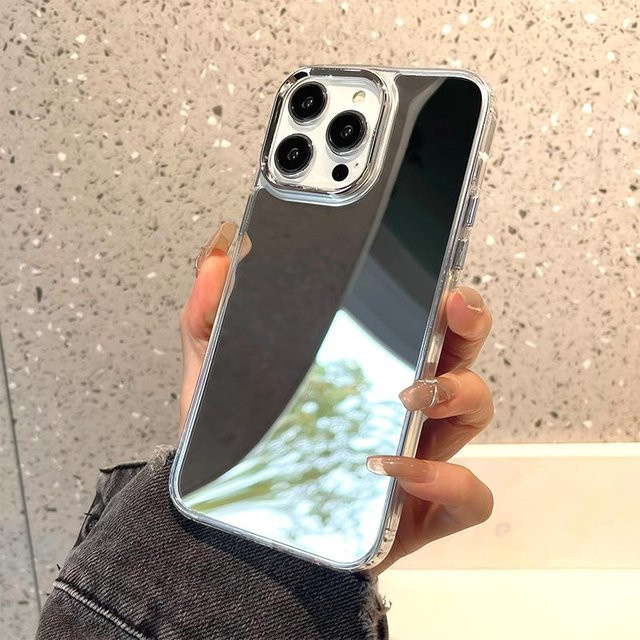 Stoßfeste Acryl Handyhülle mit Kosmetikspiegel für iPhone 16 Pro Max, 15, 14, 13, 12, 11 und XS, Farbe Gold/Transparent - Bild 1
