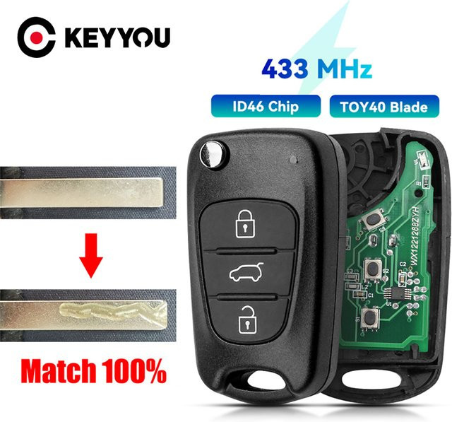 KEYYOU Auto Fernbedienung Schlüssel für Hyundai I20 I30 IX35 Avante, 433 MHz, ID46 Chip, 3 Tasten Flip Schlüssel in Schwarz - Bild 1