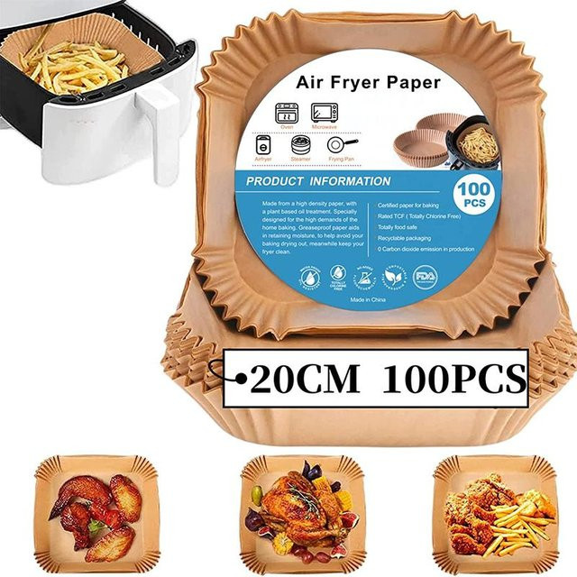 100 Stück Airfryer Spezialpapier Einweg-Papiereinlagen in Braun, runde Antihaft-Backofenmatte als Airfryer Zubehör - Bild 1