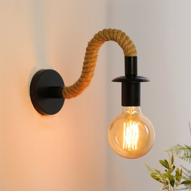 YNL Vintage Wandleuchte im Industrial Design mit Hanfseil und E27 Fassung, Schwarz - Bild 1