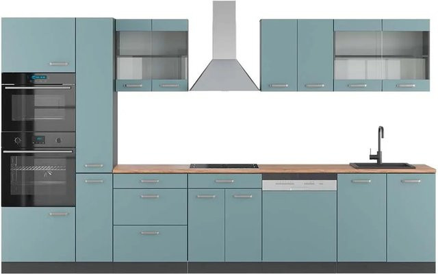 Vicco R-Line Küchenzeile Blau-Grau/Anthrazit mit Hochschrank in Eiche, Breite: 350 cm - Bild 1