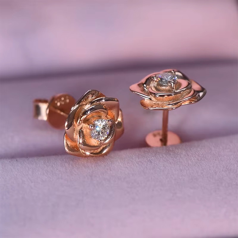 IOGOU Ohrstecker Silber, Rosé vergoldet, Moissanit, Blume, Damen, 3mm - Bild 2