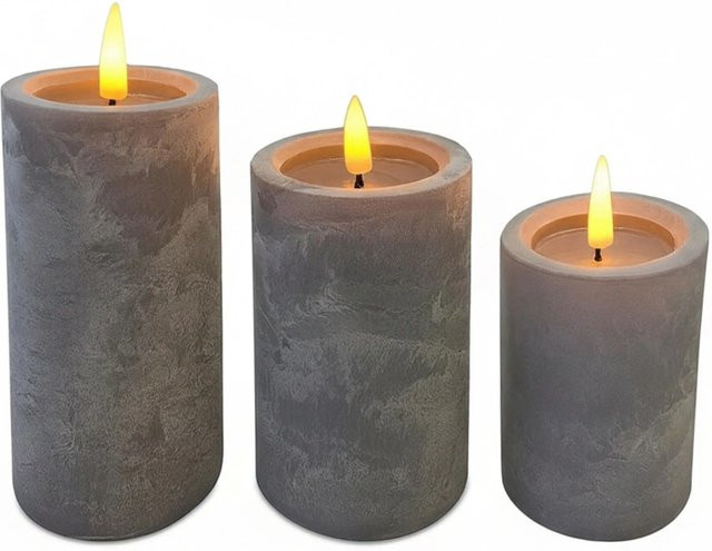 Relaxdays LED Stumpenkerzen 3er Set in Grau mit Timer und Flicker-Effekt, Kunststoff, H: 16,5 cm, B: 7,5 cm, T: 7,5 cm - Bild 1