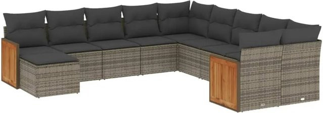 vidaXL 11-tlg Garten-Sofagarnitur aus Poly-Rattan und Akazienholz in Grau mit Kissen - Bild 1