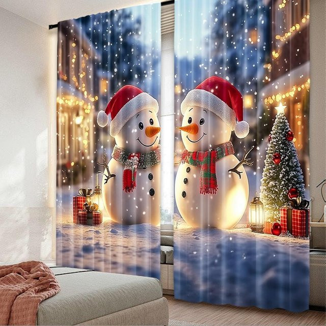 Tonnika Chen Weihnachts Vorhänge mit Schneemann-Motiv, 2er Set aus Polyester, Mehrfarbig, B: 100 cm, H: 70 cm - Bild 1