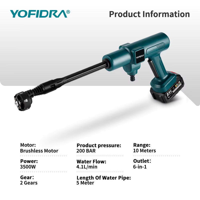 YOFIDRA Akku Hochdruckreiniger mit 200 Bar und 6in1 Sprühpistole für Makita Akkus zur Reinigung von Auto und Garten - Bild 2