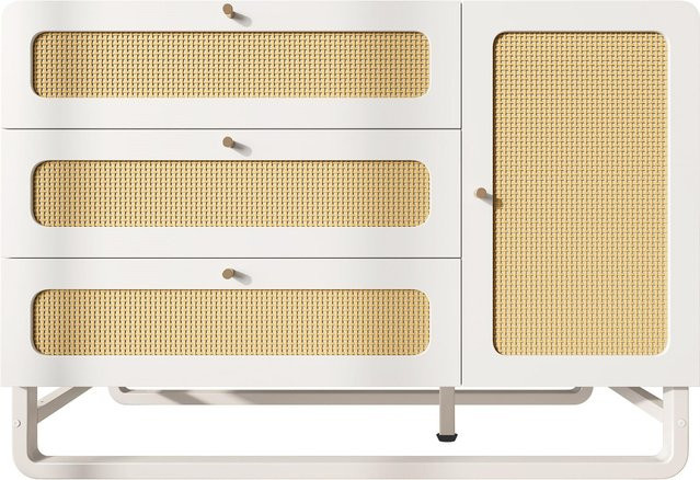 AB Store Landhaus-Kommode in Weiß mit Rattan-Elementen und goldenen Griffen, 3 Schubladen und 1 Tür, B/T/H: 120 x 40 x 85 cm - Bild 1