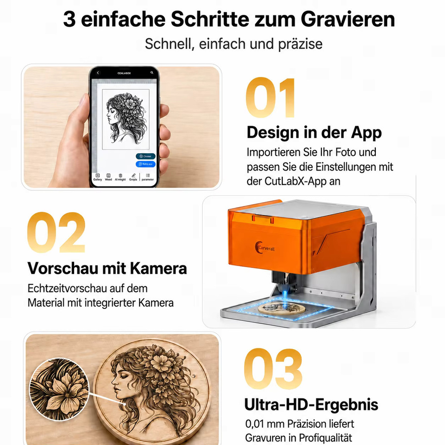 Carverall A1PRO Lasergravurmaschine mit HD Kamera, Klasse 1 Geschlossener Lasercutter, 5W/10W, WiFi App, für Holz, Leder und lackiertes Metall - Bild 4