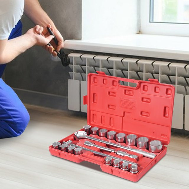 21-teiliges Ratschenschlüssel-Set aus Kohlenstoffstahl mit 3 Ratschengriffen, 3/4 Zoll, 19–50 mm, Silber/Rot - Bild 1