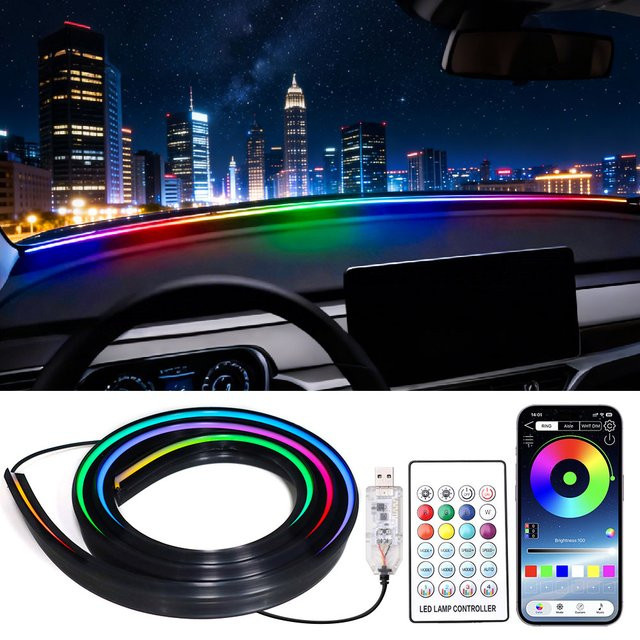 KALADA Symphony Auto-LED-Ambientelicht mit Scanning-Effekt, RGB Silikon-LED-Streifen für die Frontscheibe, USB-Anschluss, App- und Fernbedienung, Multicolour, Länge: 140 cm - Bild 1