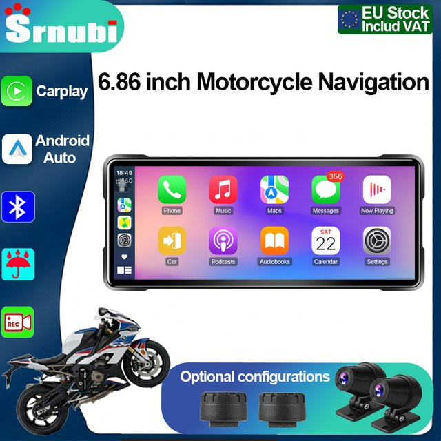 Srnubi Tragbarer Motorrad-DVR mit 6,86 Zoll Display, Kabelloses Carplay, Android Auto Mirror Link, IP67 Wasserdicht, Bluetooth 5.0 und GPS-Navigation, Schwarz - Bild 1