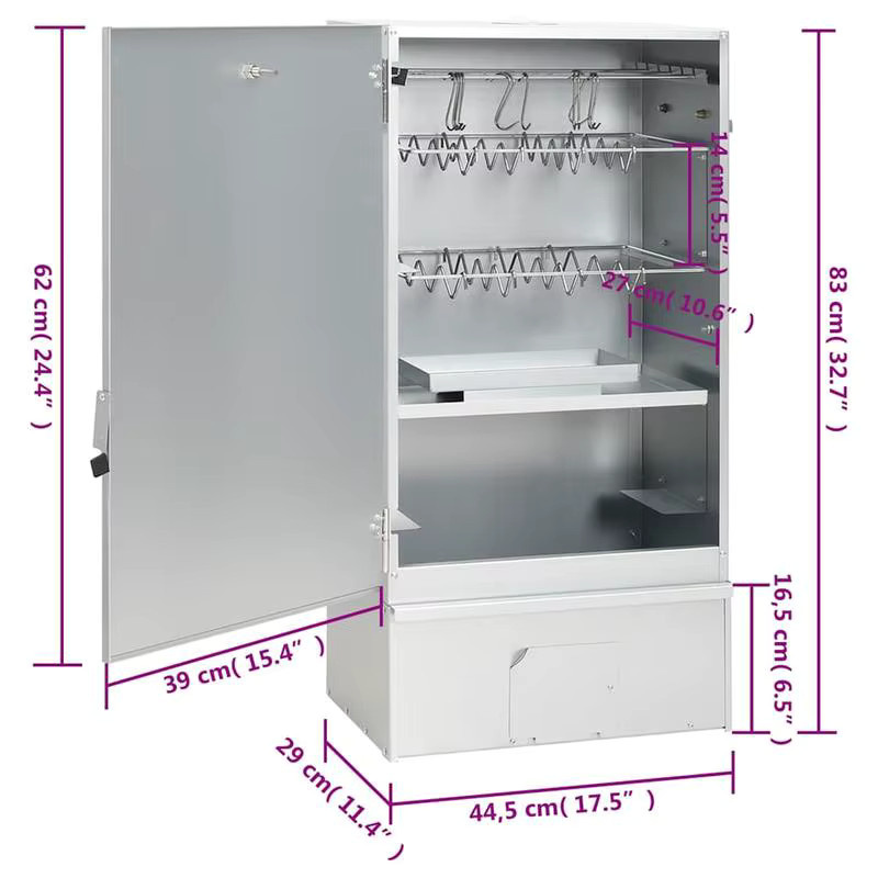 Vertikaler Räucherschrank aus verzinktem Stahl mit Absetztisch in Silber für Fleisch, Fisch, Käse und Wurst, B/T/H: 83,0 x 44,5 x 29,0 cm - Bild 4