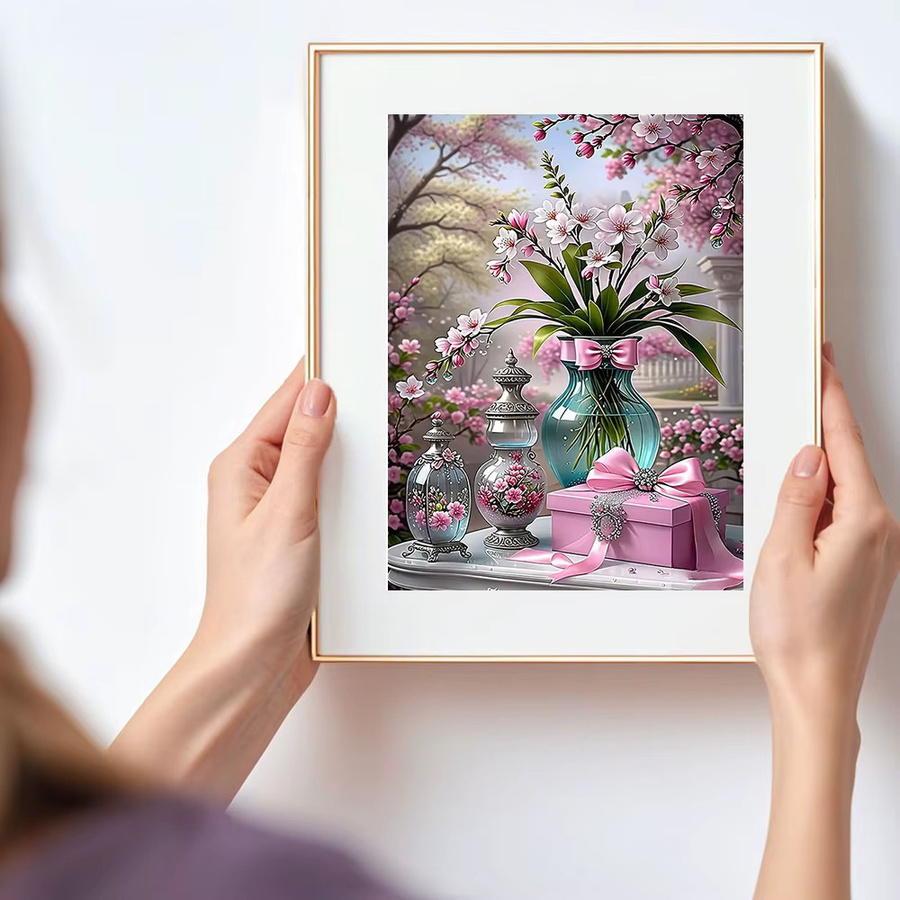 Huacan Diamant-Gemälde Pflaumenblüten-Vase in Mehrfarbig, Wandbild mit floralem Motiv, B/H: 20 x 30 cm - Bild 3
