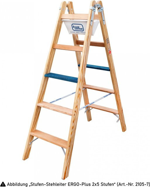 Iller Holz Stufenstehleiter ERGO Plus 2x8 Stufen mit Werkzeugtasche und Eimerhaken in Braun - Bild 1