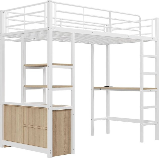KOMHTOM Hochbett mit Schreibtisch, Steckdose, USB und Regalen in Weiß, B/T/H: 90 x 200 x 180 cm - Bild 1
