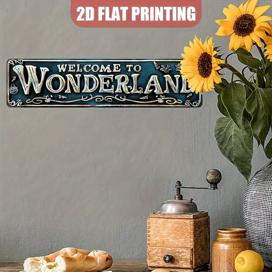 Retro Aluminiumschild Welcome to Wonderland von Hello Young mit blaugrünem und goldenem Blumenrand, B/H: 40,0 x 10,0 cm - Bild 3