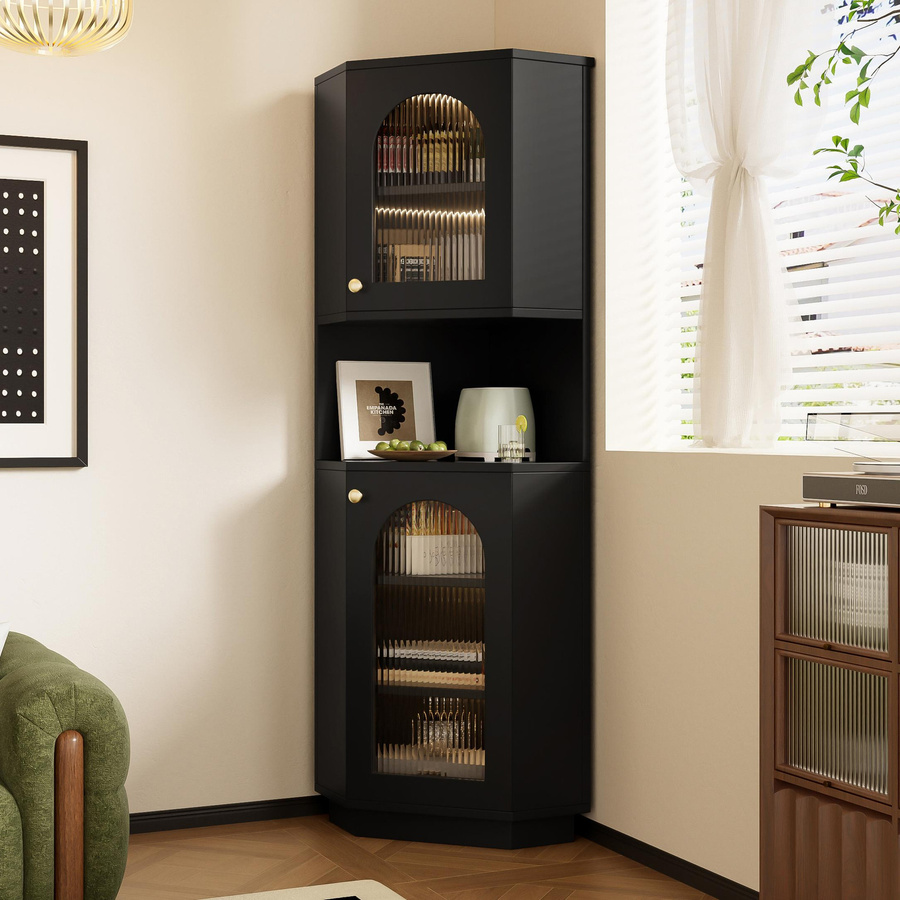 Moderner Eck-Badschrank LY in Schwarz mit integrierter Lichtleiste, B/T/H: 45 x 45 x 166,5 cm - Bild 2