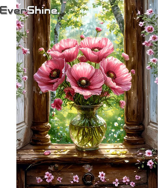 Evershine Diamantgemälde Mohnblumen-Motiv in Rot, rundes DIY-Mosaik-Set zur Strass-Stickerei als Fensterdekoration, B/D: 30 x 30 cm - Bild 1