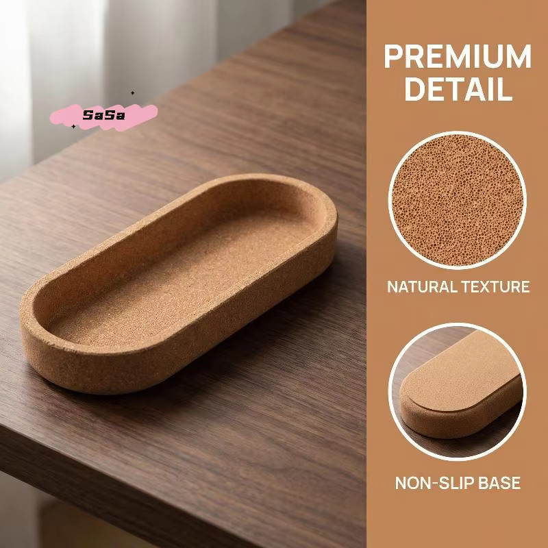 YOWEI S-Ovale Korkablage in Braun als hitzebeständiger Organizer für Badezimmer-Arbeitsplatten, Seifenspender, Parfüm und Schmuckhalter - Bild 2