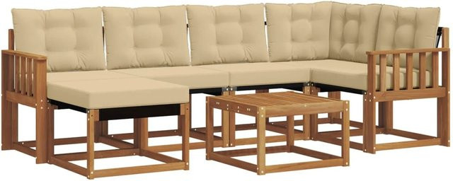 vidaXL Sofa Set 7-teilig L-Form aus Akazienholz und Textilene in Natur und Beige mit Kissen - Bild 1