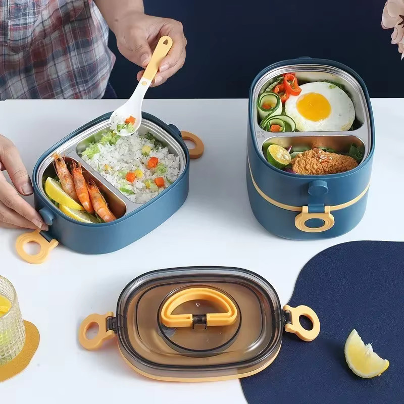 JUSTINLAU Isolierte Edelstahl Bento-Box in Rot, 3-lagige stapelbare Lunchbox, mikrowellengeeignet mit Griff - Bild 2