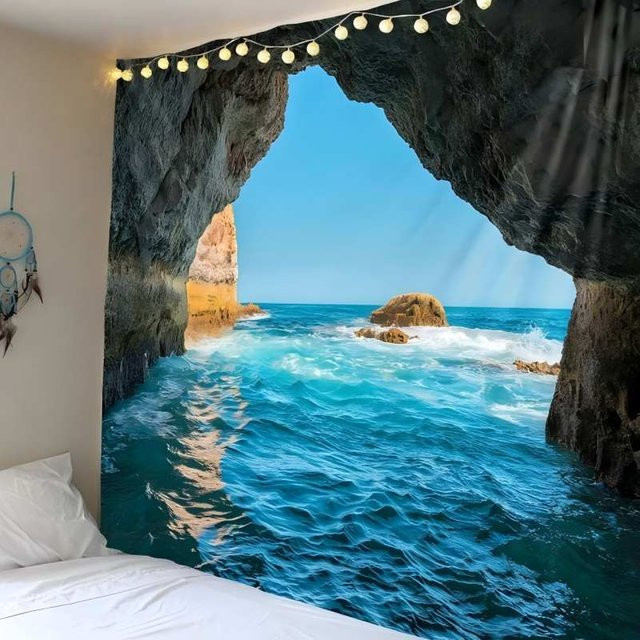VIKAMA Wandteppich mit Küstenlandschaftsdruck in Blau, rechteckiger Wandbehang für Wohnzimmer und Schlafzimmer - Bild 1