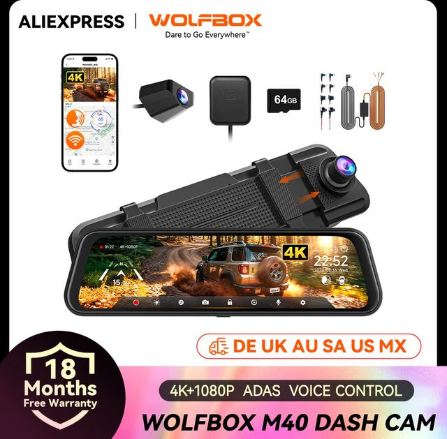 WOLFBOX M40 Dashcam mit 4K UHD Front- und Heckkamera, Sprachsteuerung, ADAS, 5GHz WLAN und GPS, Schwarz - Bild 1