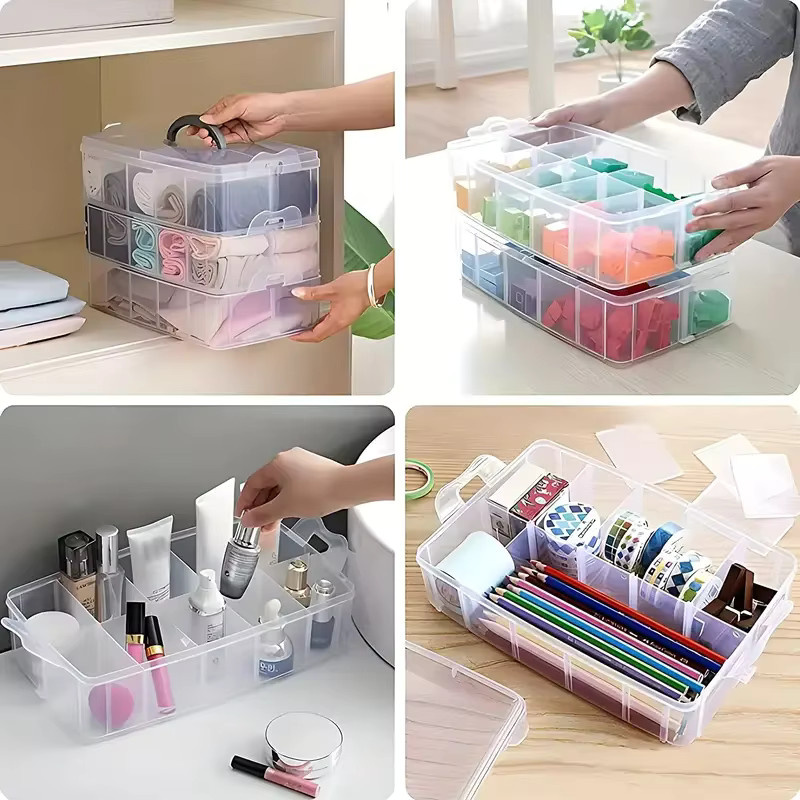Stapelbare Aufbewahrungsbox aus Kunststoff in Transparent mit verstellbaren Fächern für Schmuck und Bastelzubehör - Bild 2