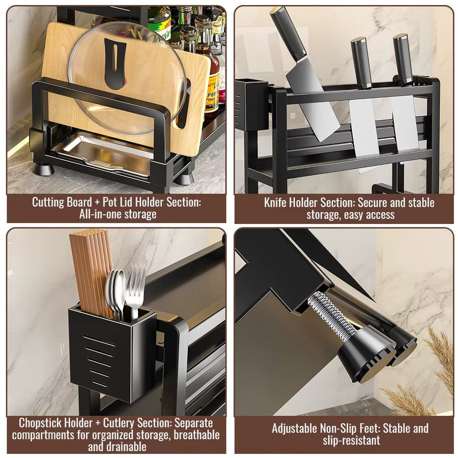 HGTUGO 3-stöckiges Gewürzregal aus Kohlenstoffstahl mit Abtropfschale in Schwarz für Gewürzflaschen, Topfdeckel und Schneidebretter - Bild 4