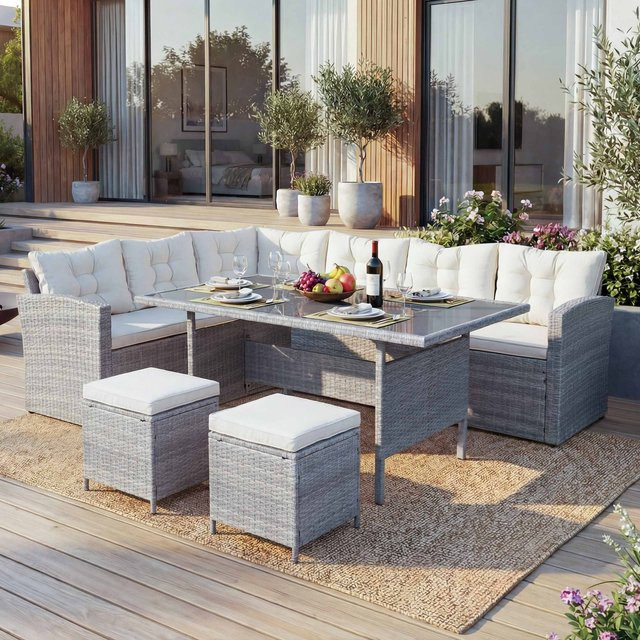 MCW Poly-Rattan Gartengarnitur A29 Lounge-Esstisch-Set in Hellgrau mit cremefarbenen Kissen und 2 Hockern - Bild 1