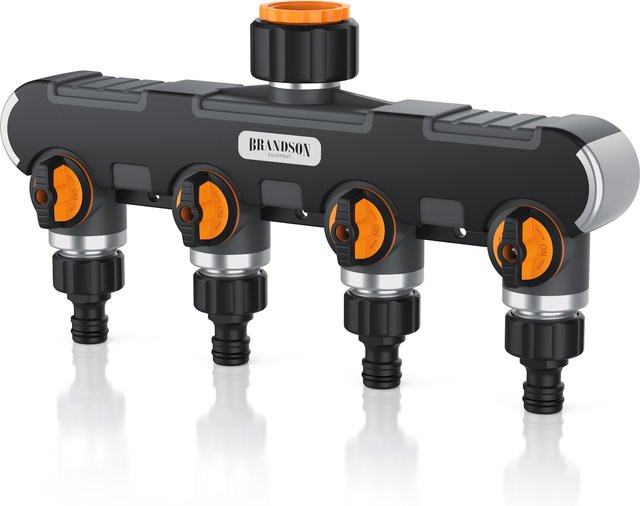 Brandson 4-Wege Schlauchverteiler mit Flow Control, 2-teiliges Set in Schwarz, 3/4 Zoll und 1/2 Zoll, regulierbarer Wasserverteiler für deine Gartenbewässerung - Bild 1