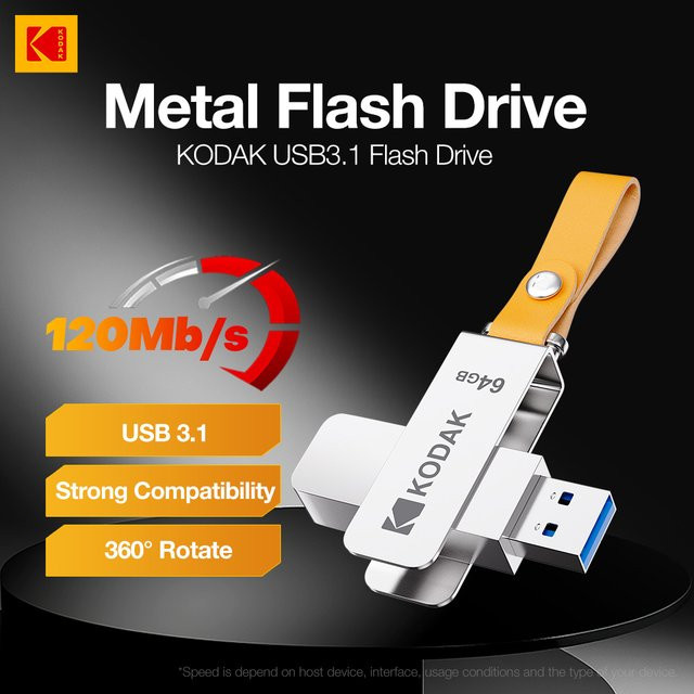 Kodak K133 USB 3.1 Flash-Laufwerk in Silber mit Metallgehäuse und Lederband für PC und HD-TV - Bild 1