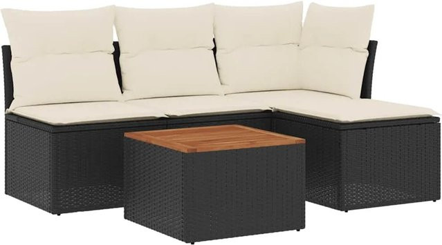 vidaXL 5-teilige Garten-Sofagarnitur aus Poly-Rattan und Akazienholz in Schwarz-Creme mit Kissen - Bild 1