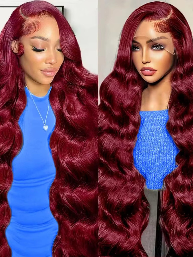 ALIKODY Perücke Echthaar, 16 Zoll, Burgunderrot, Body Wave, Lace Front, Damen - Bild 7