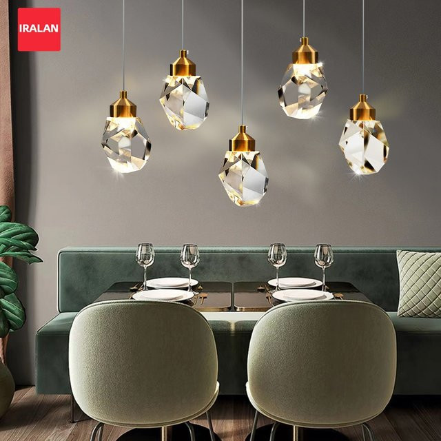 IRALAN Moderne Kristall und Stein Pendelleuchte in Gold/Messing mit warmweißem Licht für Wohnzimmer und Esszimmer - Bild 1