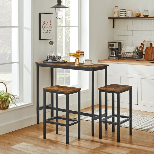 VASAGLE Bartisch mit 2 Barhockern im rustikalen Design, Stehtisch-Set aus Stahl und Holz in Braun-Schwarz - Bild 1