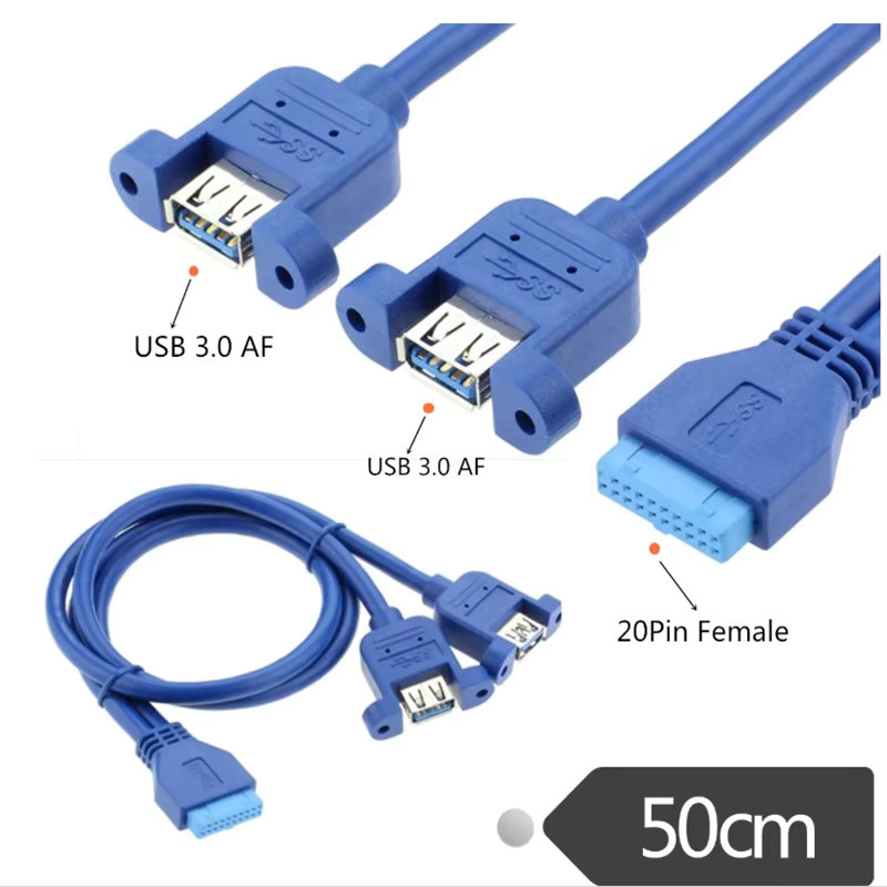 UXG USB 3.0 Motherboard 20pin auf Dual USB 3.0 A Buchse Adapterkabel mit Schraubmontage, Farbe: Blau, Länge: 50 cm - Bild 1