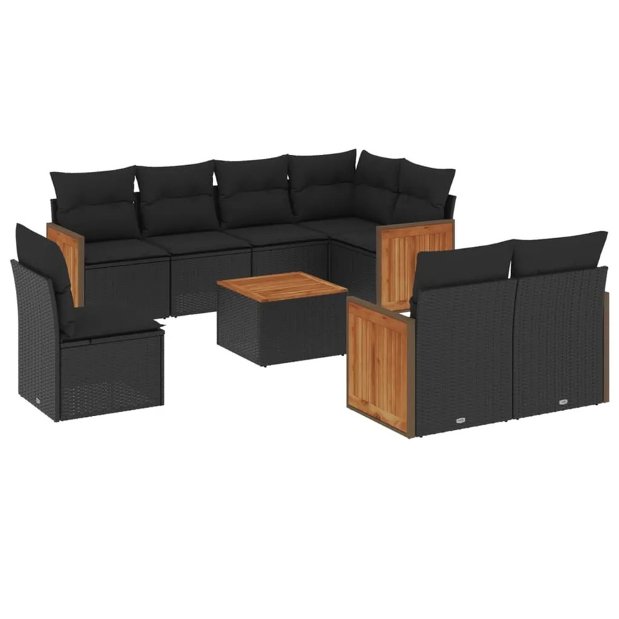 vidaXL 9-tlg Garten-Sofagarnitur in L-Form aus Polyrattan und Akazienholz mit Kissen in Schwarz - Bild 2