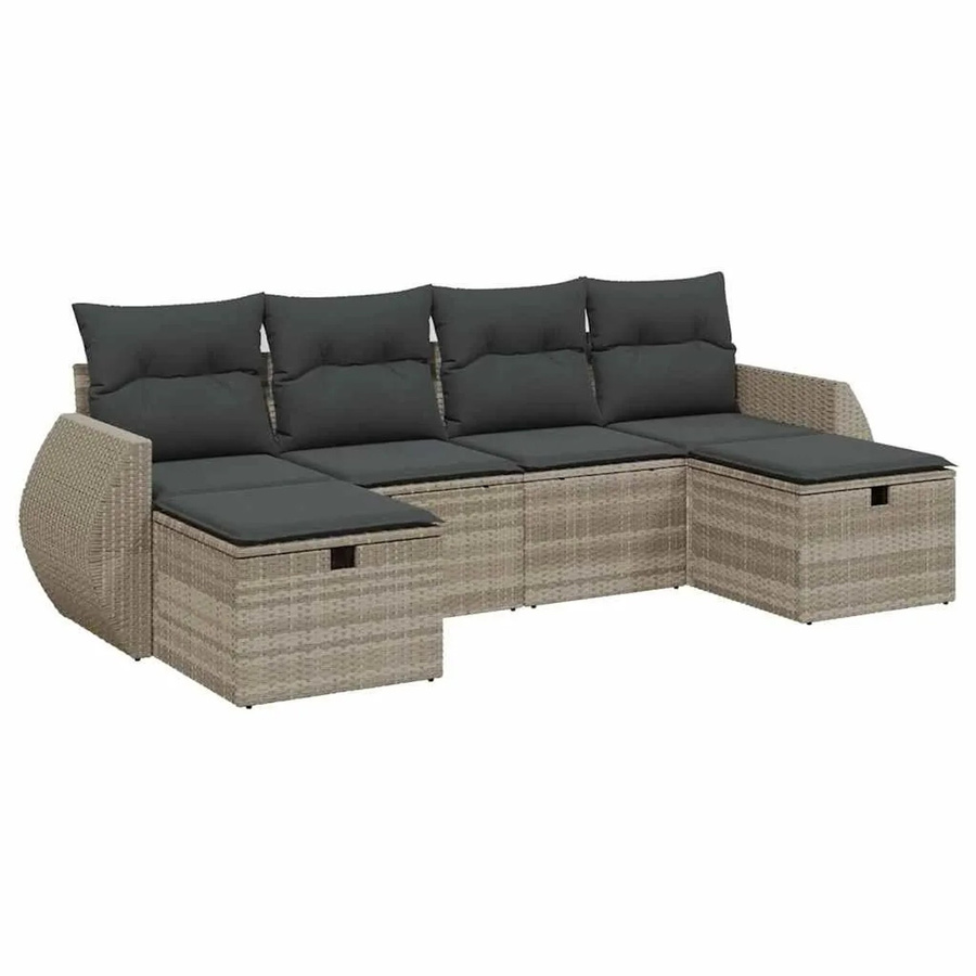 vidaXL 6-tlg. Garten-Sofagarnitur in L-Form mit Polsterkissen, Hellgrau, Poly-Rattan und Metallrahmen - Bild 2