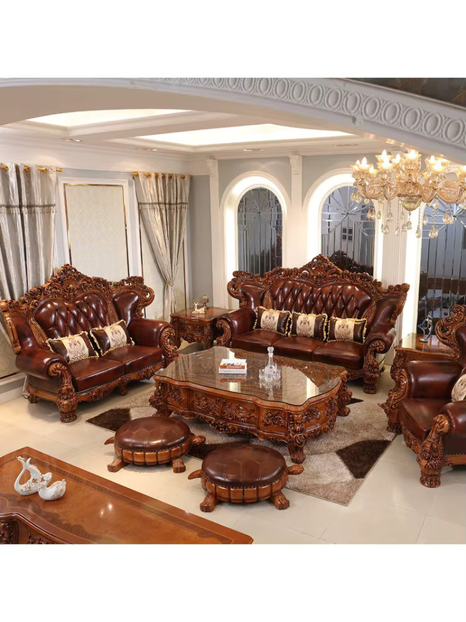 HYS Sofa Set aus echtem Leder in Braun mit Massivholzgestell im europäischen Vintage-Stil - Bild 4
