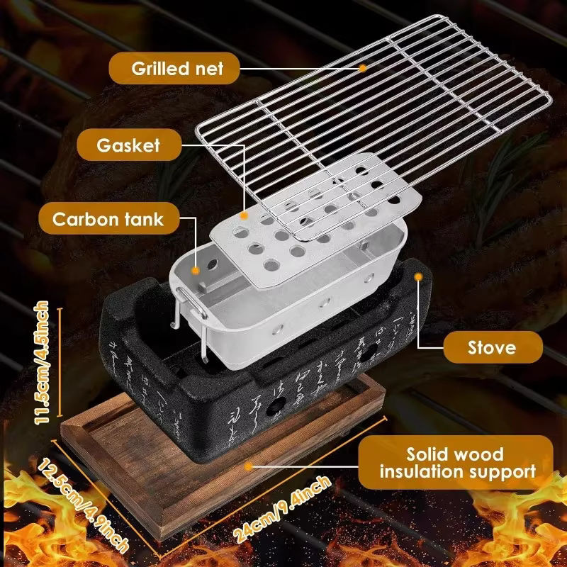 Japanischer Tragbarer Kohlegrill aus Aluminium in Silber mit Holzbasis und Grillwerkzeug - Bild 2