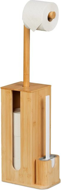 Relaxdays WC Garnitur aus Bambus und Kunststoff mit WC-Bürste und Ersatzrollenhalter, freistehend, Farben: Weiß, Grau, Beige, H x B x T: 72,5 x 26 x 15 cm - Bild 1