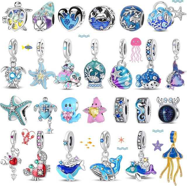 Charm 925 Silber, blauer Wal, Schildkröte, Fisch, Qualle, Delfin - Bild 1