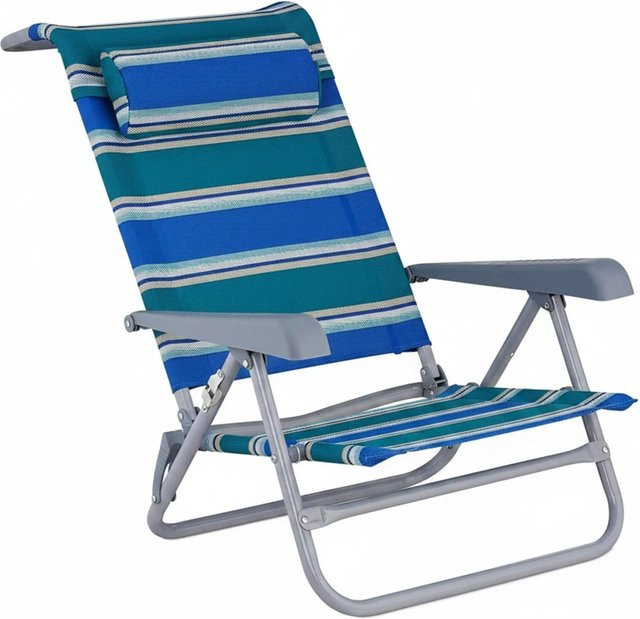 Klappbarer Relaxdays Liegestuhl aus Textilene und Stahl in Blau Grün Weiß Gestreift mit verstellbarer Kopfstütze und Armlehnen B/T/H: 120 x 59 x 18 cm - Bild 1