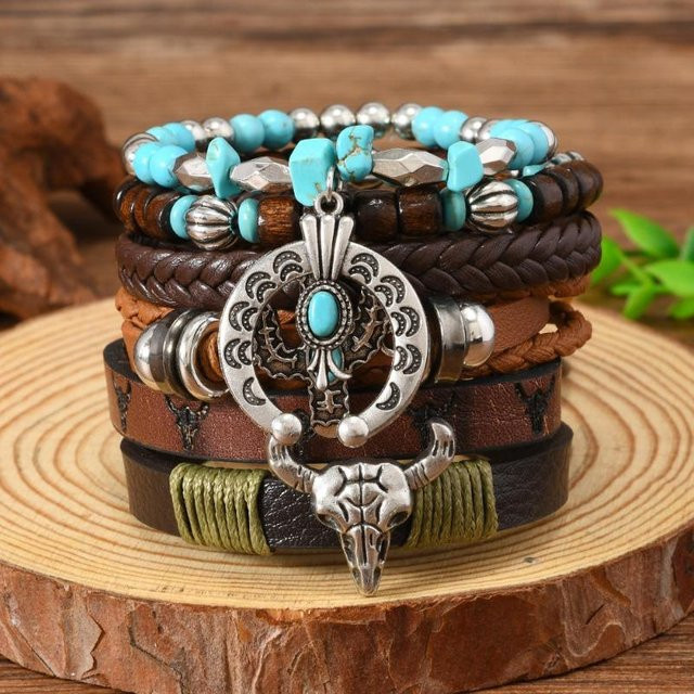 Armband Set Herren, Leder geflochten, Holzperlen, Stierschädel & Böser Blick Anhänger - Bild 1