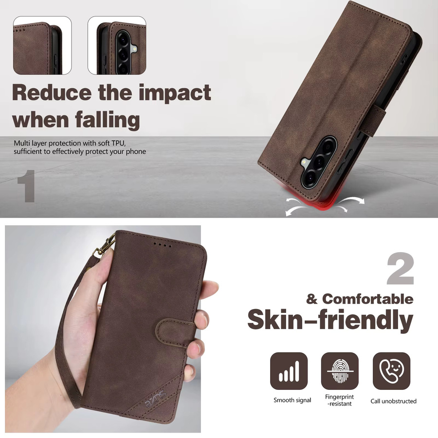Flip-Lederhülle für Samsung Galaxy A05s A15 A35 A55 A06 A16 A26 A36 A56 A07 A17 A37 A57 4G 5G mit Kartenfächern und Handschlaufe in Braun - Bild 2
